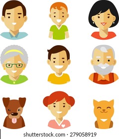 Set of happy family of seven people avatars icons and two pets isolated on white background in flat style