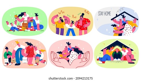 Set of happy family stay relax at home on covid-19 lockdown. Collection of people rest indoors protect from corona virus pandemics. Quarantine and isolation concept. Flat vector illustration. 