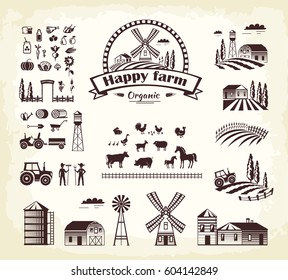 Set of happy farm organic production in cartoon style. Vector illustration of animal husbandry, plant growing, tools and machines for cultivating and processing. Icon for web hand drawn pattern.