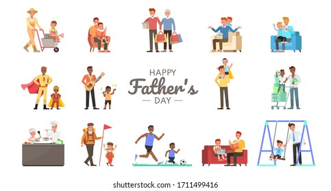 Set von Happy Vater und Sohn Charakter Vektorillustration Design für Vatertag Konzept. Präsentation in verschiedenen Action mit Emotionen, Laufen, Stehen und Gehen.