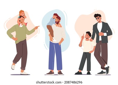 Set Happy Fathers with Children, Bonding, Love. Family Characters Dads, Sons or Daughter Spend Time Together, Fun, Communicate, Play Isolated on White Background. Cartoon People Vector Illustration