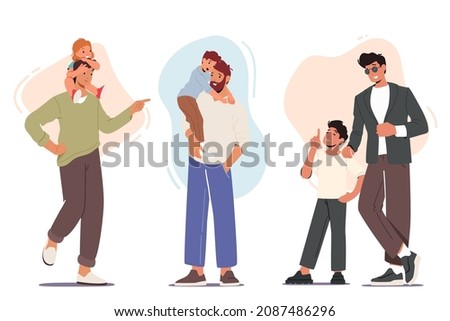Set Happy Fathers with Children, Bonding, Love. Family Characters Dads, Sons or Daughter Spend Time Together, Fun, Communicate, Play Isolated on White Background. Cartoon People Vector Illustration