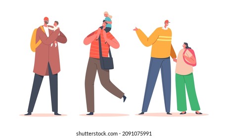 Set Happy Fathers with Children, Family Characters Dads, Sons or Daughter Spend Time Together, Fun, Communicate, Play, Bonding, Love Isolated on White Background. Cartoon People Vector Illustration