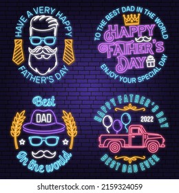 Set of Happy Father's Day badge, logo design Neon sign. Vector illustration. Vintage style Father's Day Designs with pickup truck, hipster father and ties bright signboard, light banner