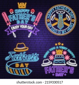Set of Happy Father's Day badge, logo Neon sign. Vector illustration. Vintage style Father's Day Designs with screwdriver, crown, retro hat, firework and cake bright signboard, light banner.