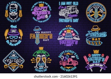 Set of Happy Father's Day badge, logo Neon sign. Vector illustration. Vintage style Father's Day Designs with retro car , mustache and glasses of champagne bright signboard, light banner