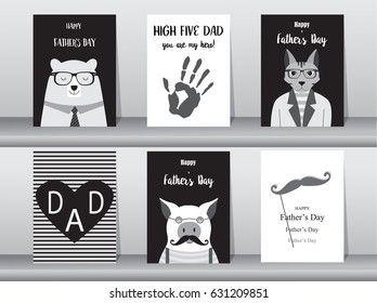 Set of Happy Father's Day card ,poster,template,greeting cards,cute,bear,cats,pig,animals,Vector illustrations