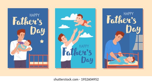 Set of Happy Father's Day cards. A young father feeds the child from a baby bottle, next to him is a cot. Dad throws the child into the clouds. Vector greeting cards inflat style on a beige background