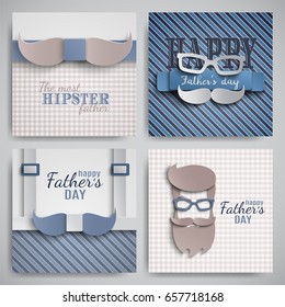 Set of Happy Fathers Day cards design for male event, banner, poster. Checkered or striped blue-beige backgrounds with paper cut hipster, tie, beard, mustache, suspenders, glasses. Vector illustration