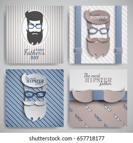 Set of Happy Fathers Day cards design for male event, banner, poster. Checkered or striped blue-beige backgrounds with paper cut hipster, tie, beard, mustache, suspenders, glasses. Vector illustration