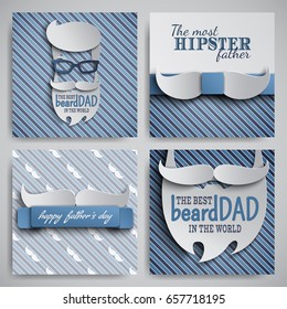 Set of Happy Fathers Day cards design for male event, banner, poster. Striped blue beige backgrounds with paper cut hipster men's face, tie, beard, mustache, glasses. Vector illustration