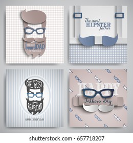 Set of Happy Fathers Day cards design for male event, banner, poster. Checkered or striped blue-beige backgrounds with paper cut hipster, tie, beard, mustache, suspenders, glasses. Vector illustration