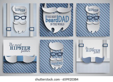 Set of Happy Fathers Day cards design for banner, poster. Striped or checkered blue backgrounds with paper cut hipster men's face, necktie, beard, mustache, glasses, suspenders. Vector illustration