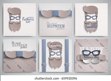 Set of Happy Fathers Day cards design for male banner, poster. Striped or checkered backgrounds with paper cut hipster men's face, necktie, beard, mustache, glasses, suspenders. Vector illustration