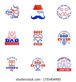 Set of Happy Fathers day elements 9 Blue and red. Vector illustration Editable Vector Design Elements