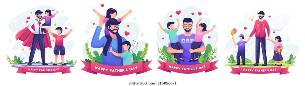 Set of  Happy Father's day with Father playing with his childrens. Father as super hero. Flat style vector illustration