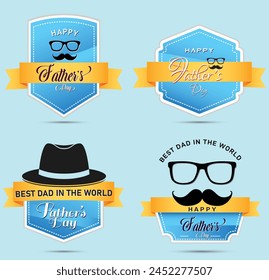 Set of Happy Father's Day. Set of Four Vector greeting cards with a moustache and glasses illustration. 