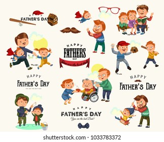 Set happy fathers day greeting card, dad fun with kids, parent of little childrens family vacation, daddy love holiday celebration vector illustration, son and daughter care man with mustache and