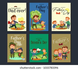 Set happy fathers day greeting card, dad fun with kids, parent of little childrens family vacation, daddy love holiday celebration vector illustration, son and daughter care man with mustache and