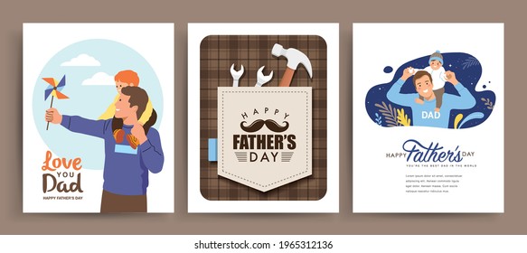 Set of Happy Father's Day greeting card. Vector illustration of fathers and kids in flat style.