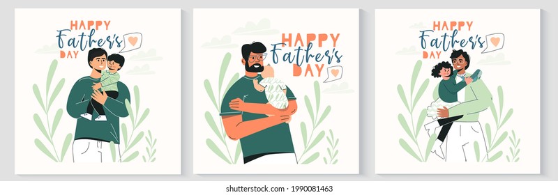 Set of Happy Father's Day greeting cards templates with cute characters of daddy with child. Dad holding his son or daughter. Cute vector illustration for a holidays poster. Fatherhood, family concept