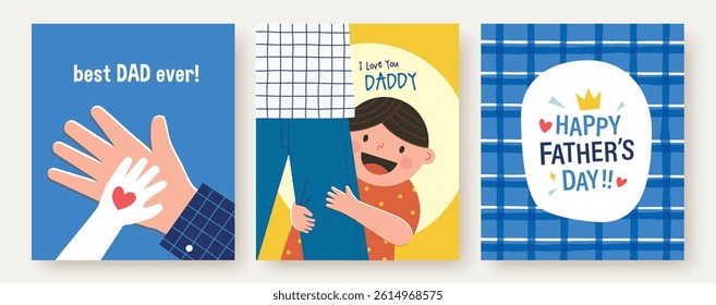 Set of Happy Father's Day greeting card, poster, cover, vector illustration with father and son, hands with love and fun typography design.