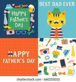 Set of happy father's day greeting card, postcard, poster with cute mustache cat wearing glasses, cute icons and design elements collection. Flat design. Vector illustration.