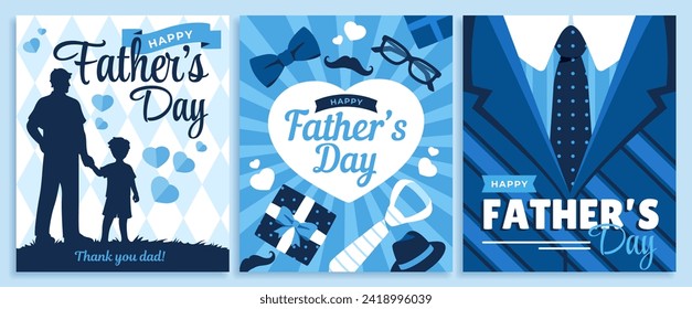 Set of Happy Fathers Day poster. Collection of greeting cards with loving father and son, dad or parent. Design for holiday celebration. Cartoon flat vector illustration isolated on background