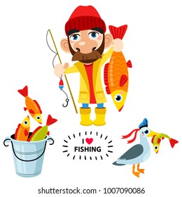 Set of happy fisherman character hold big fish, seagull, fish. Vector flat cartoon illustration