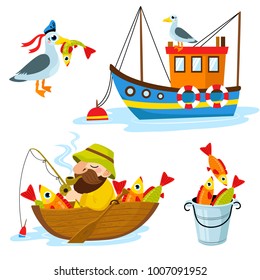 Set of happy fisherman character hold big fish, seagull, fish and boat. Vector flat cartoon illustration