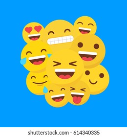 Set of happy flat emojis grouped on the center of a blue background