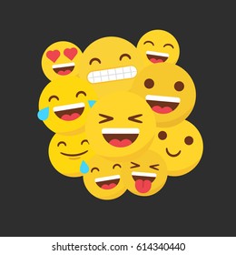 Set of happy flat emojis grouped on the center of a black background