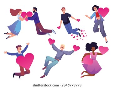 Set of happy flying people with hearts flat style, vector illustration isolated on white background. Inspired lovers, romantic and positive emotions, decorative design elements collection