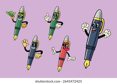 Conjunto de caneta fonte feliz em vários postes personagem ilustração estilo retro