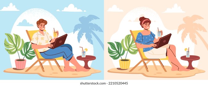 Conjunto de felices independientes. Hombres y mujeres trabajadores remotos relajándose en la playa y trabajando en un portátil. Horario de trabajo flexible. Los personajes completan los proyectos en vacaciones. Ilustraciones del vector plano de dibujos animados