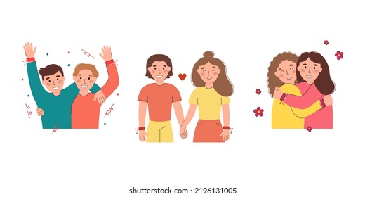 Set of happy friends in friendship bracelets vector flat illustration. International Friendship Day banner design. Smiling people isolated on white background. DIY wristband