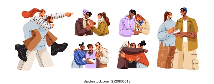 Set of happy friends. Friendship concept. Couples in love spends time together. Men and women meeting, walk, have fun, talk, hug, take selfie by phone. Flat vector illustrations on white background