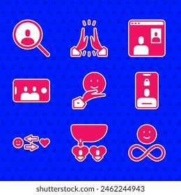 Set Happy friendship day, Necklace with heart shaped, Friends forever, Incoming call on mobile, Romantic relationship, Selfie, Video chat conference and Magnifying glass search icon. Vector