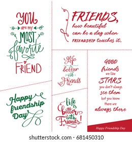 Set of Happy Friendship Day vector handwritten slogans. Lettering greeting cards