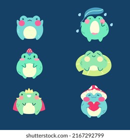 Set of happy frogs, annoyed frog, and surprised frog. A frog prince and cute frog wearing a mushroom hat.