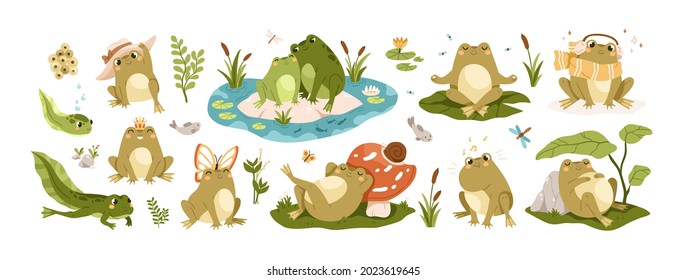 Set of happy frogs, funny toads and cute tadpoles. Set of childish froggy characters with pond, water, leaf, insect and butterfly. Colored flat vector illustrations isolated on white background