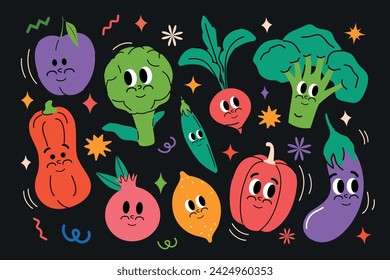 Set of happy and fruits in trendy groovy style. Funny funky vintage mascot and comic berries juicy character. Poster 2000s. Pack of y2k elements. Collection smiling face. Graphic Design. Print