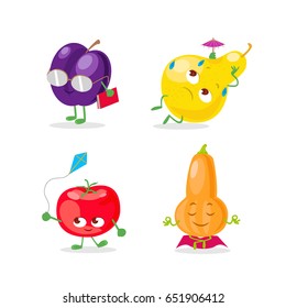 Set of happy fruits and vegetables, vector illustration