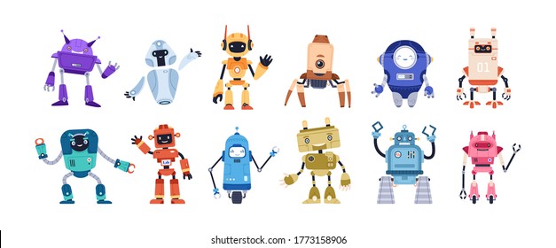 Set of happy funny cartoon childish robots wave hand, say hello. Cute kid cyborgs, retro, futuristic modern bots, android, smiling characters in flat vector illustration isolated on white background.