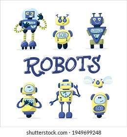 Set of happy funny cartoon childish robots wave hand, say hello. Cute kid cyborgs, retro, futuristic modern bots, smiling characters in flat vector illustration isolated on white background.