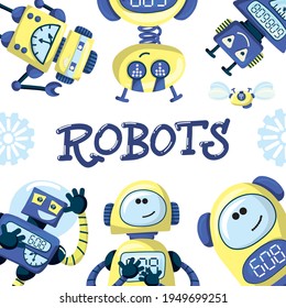 Set of happy funny cartoon childish robots wave hand, say hello. Cute kid cyborgs, retro, futuristic modern bots, smiling characters in flat vector illustration isolated on white background.