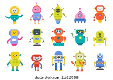 Set of happy funny cartoon childish robots wave hand, say hello. Cute kid cyborgs, retro, futuristic modern bots, android, smiling characters isolated on white background. Vector illustration