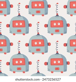 Set of happy funny cartoon childish robots wave. Cute kid cyborgs, retro, futuristic modern bots, android, smiling characters in flat vector illustration.