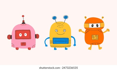 Set of happy funny cartoon childish robots wave. Cute kid cyborgs, retro, futuristic modern bots, android, smiling characters in flat vector illustration.