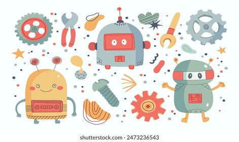 Set of happy funny cartoon childish robots wave. Cute kid cyborgs, retro, futuristic modern bots, android, smiling characters in flat vector illustration.